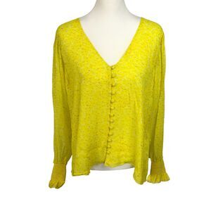 Karina Grimaldi‎ Revolve Yellow Women's Long Sleeve Deep-V Neck Silk Blouse Sz L